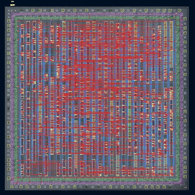 a photo of a chip overlaid with red and blue wiring in CAD