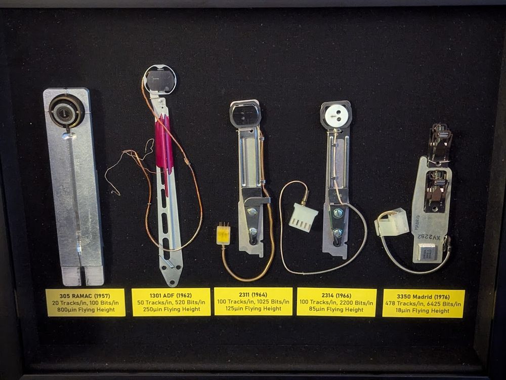 five hard drive heads (all IBM)
305 RAMAC (1957) 20 tracks/in, 100 bits/in, 800uin flying height
1301 ADF (1962) 50 tracks/in, 520 bits/in, 250uin flying height
2311 (1964) 100 tracks/in, 1025 bits/in, 125uin flying height
2314 (1966) 100 tracks/in, 2200 bits/in, 85uin flying height
3350 Madrid (1976) 478 tracks/in, 6425 bits/in, 18uin flying height
