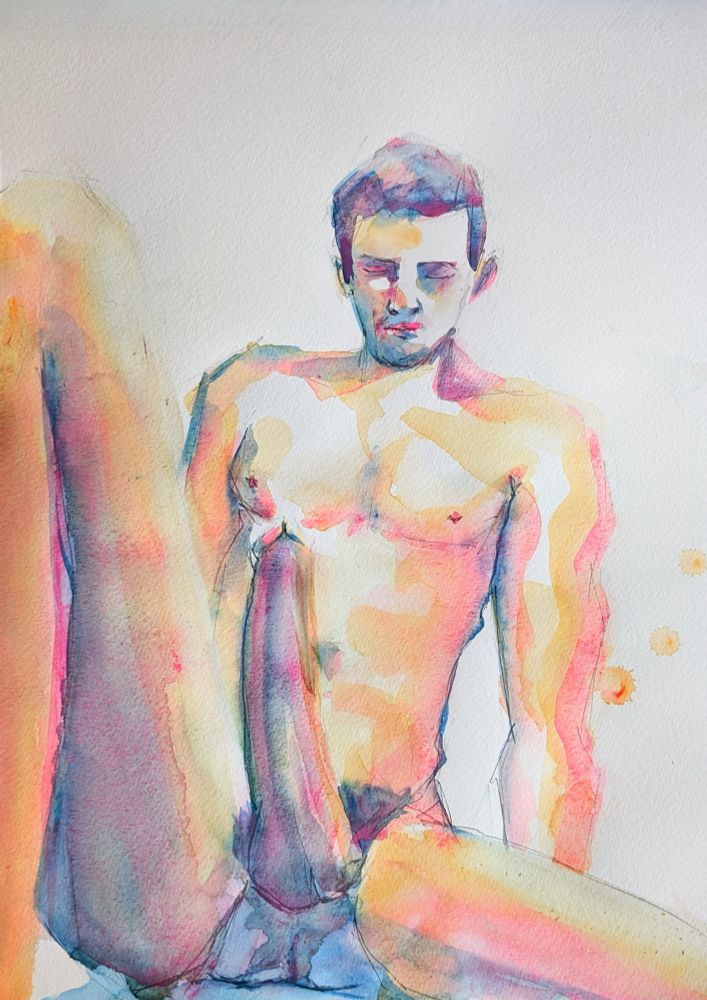 Watercolour of seated man with an erection 