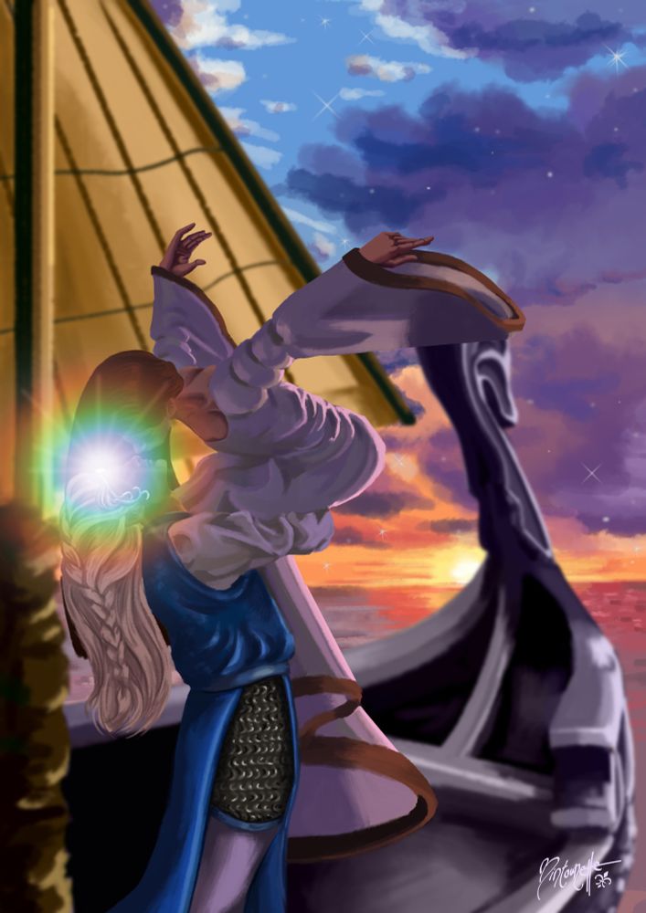 Earendil in sunset, silmaril blinding, holding his newly transformed wife back in his arms on the deck of the ship. 

MintounetteArt