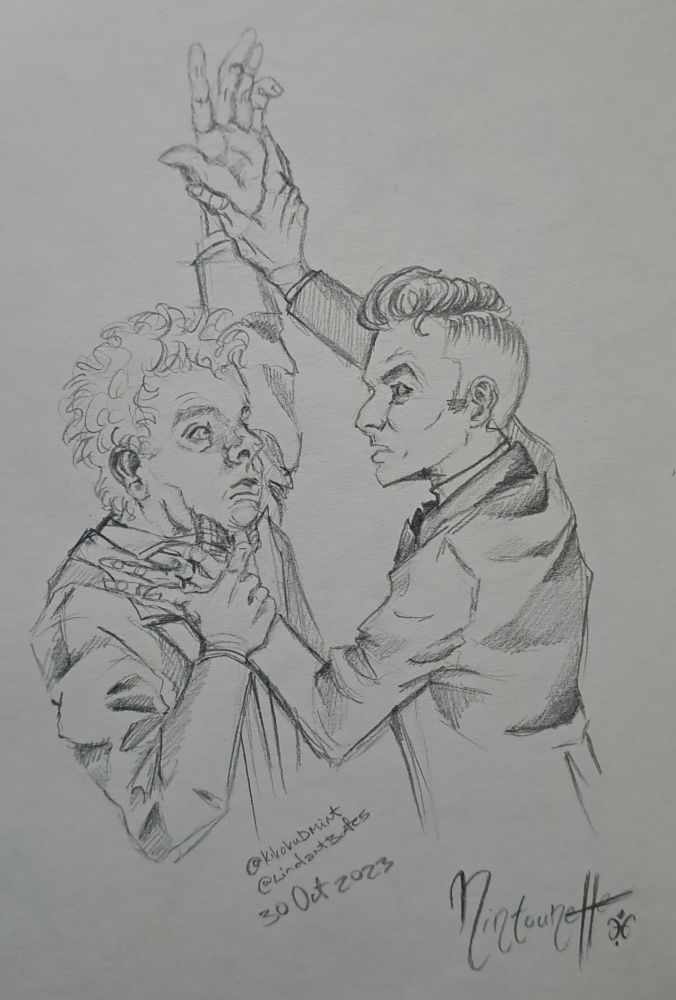 #MintounetteArt

Sketch of Crowley pinning aziraphale to the wall 