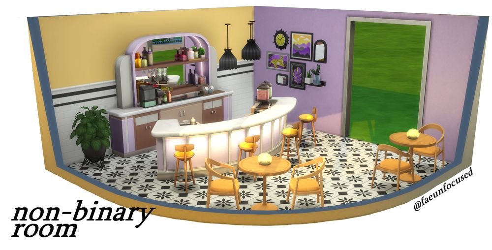 Sims 4 screenshot of a purple and yellow bistro with black and white tile floors, purple and yellow walls, a light purple curved bar, and yellow seats. There is a gallery wall in the non-binary pride colours. Text reads “non-binary room”.