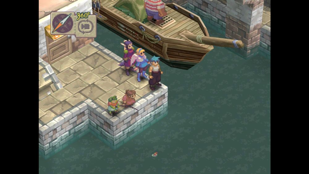 A screenshot of Breath of Fire 4 with the party looking out over a bay next to a ship, demonstrating the removal of bilinear filtering for sharper pixel art.
