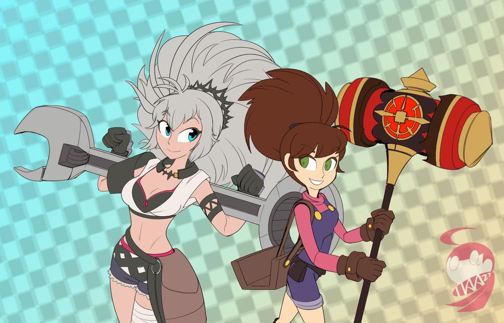 Hazel - blue overalls, red long-sleeve shirt holding a red & hold oversized hammer
Cordelia - silver hair, red/black/gray short outfit holding a giant oversized wrench.

The weapons actually belong to the other character (i.e. the wrench is actually hazel's)
