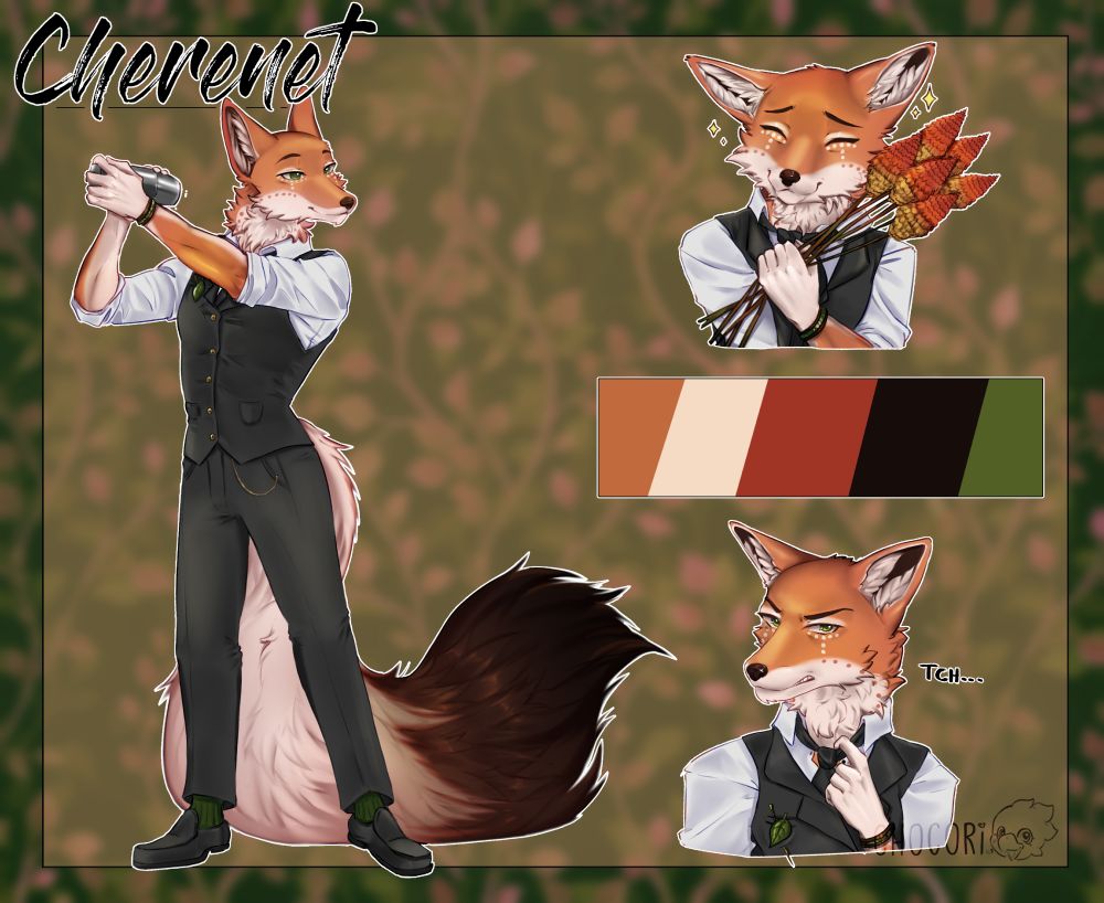 reference sheet of an ethiopian wolf that is wearing a formal bartenders attire and a leaf pin. he looks very dapper. The name at the top reads "Cherenet"