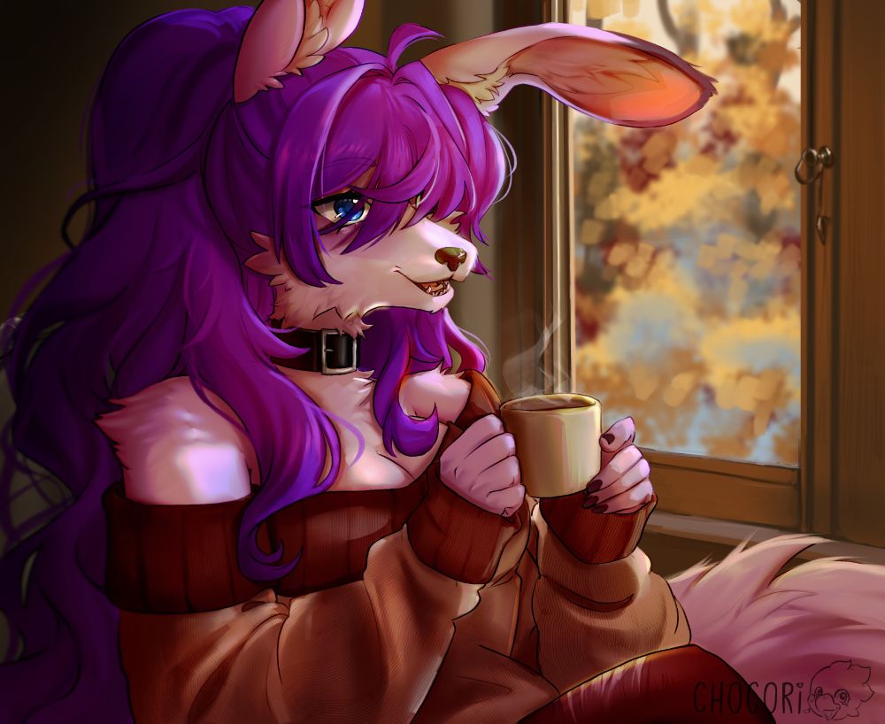 a light purple femme fox/bunny hybrid. she has long dark purple hair and is sitting cozy looking out the fall window, with a hot coffee in her hands.