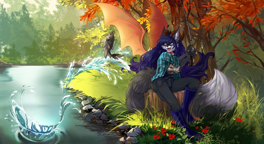 full illustration of a anthro/furry fox-dragon girl, sitting on a tree stump and looking giddy as she reels a fish out of the lake, water splashing around her. the outfit she wears is inspired by the video game "WEBFISHING".