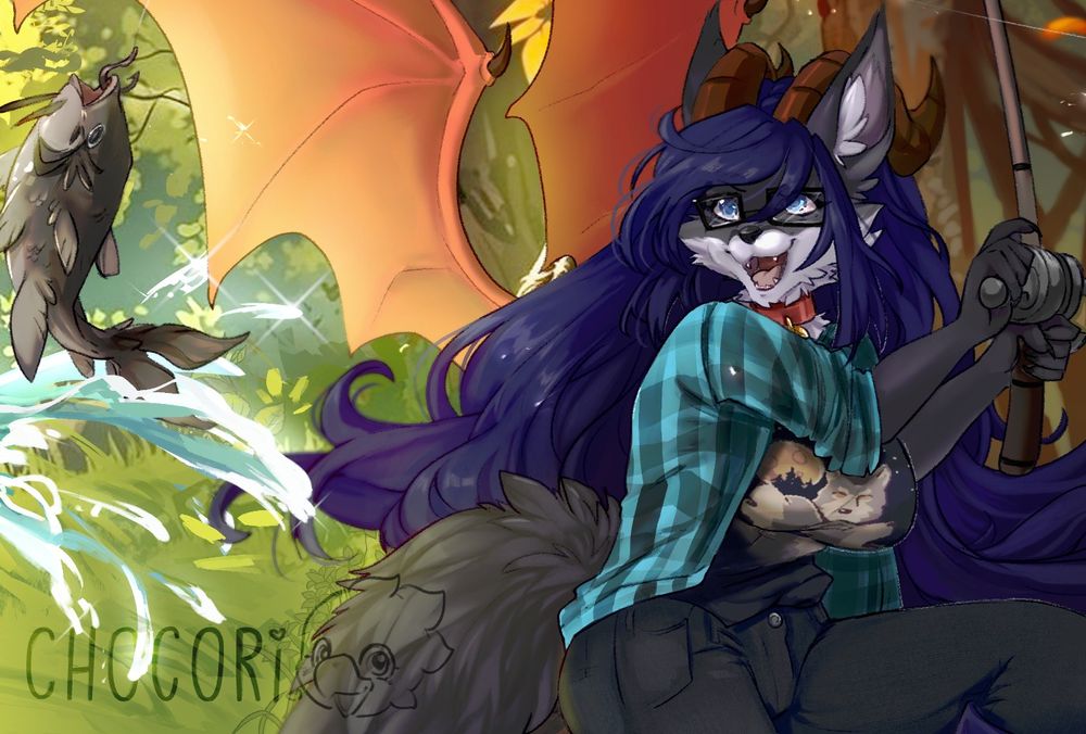 closeup of a anthro/furry fox-dragon girl, sitting on a tree stump and looking giddy as she reels a fish out of the lake, water splashing around her. the outfit she wears is inspired by the video game "WEBFISHING".