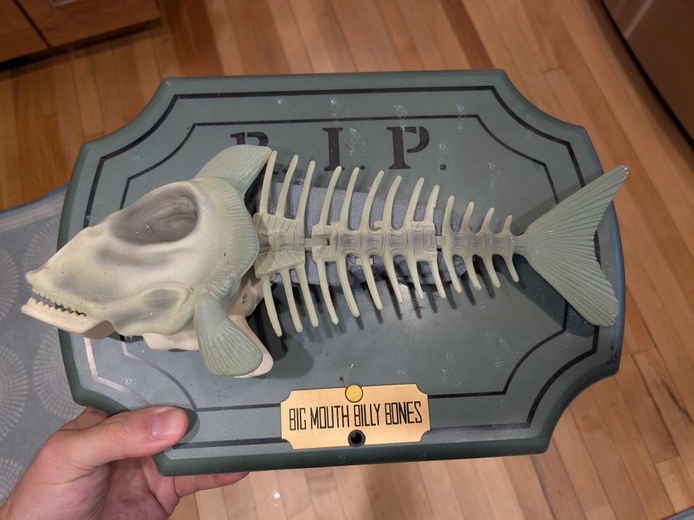 Plastic fish skeleton on plaque reading "BIG MOUTH BILLY BONES." When activated, it wiggles and "sings." Loudly.