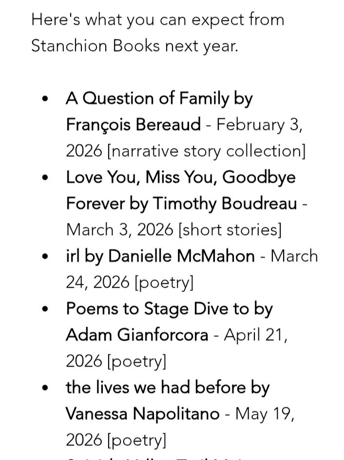 Stanchion '26 publication schedule, including Love You, Miss You, Goodbye Forever 