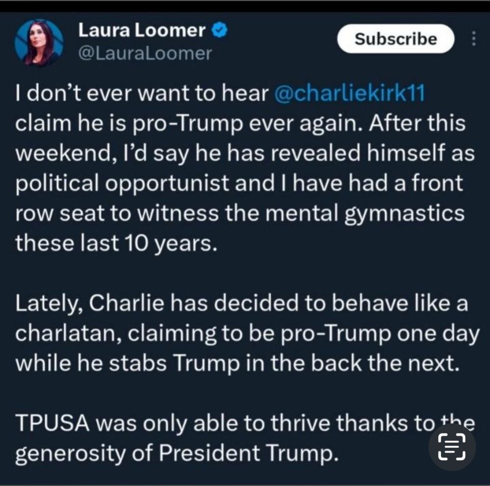 Loomer and her disdain for Kirk for turning against Trump’s wishes about the Epstein files. 