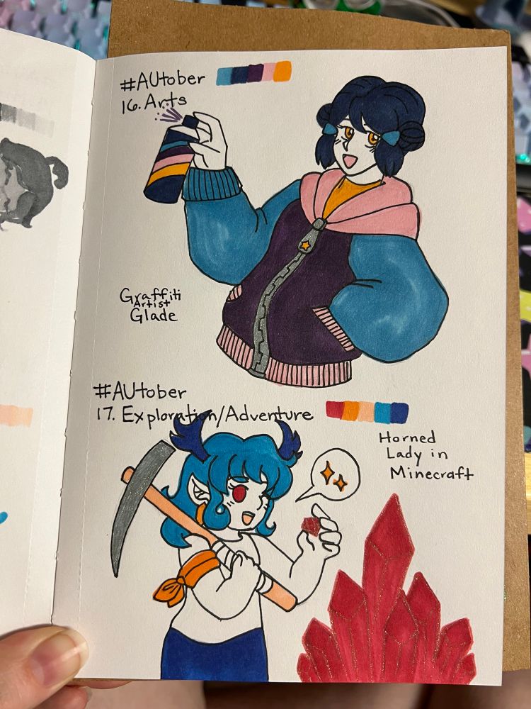 #AUtober drawings 16 & 17
16: my lil gal Glade as a graffiti artist
17: the Horned Lady (name pending) in Minecraft enjoying the mines (which we all long for)