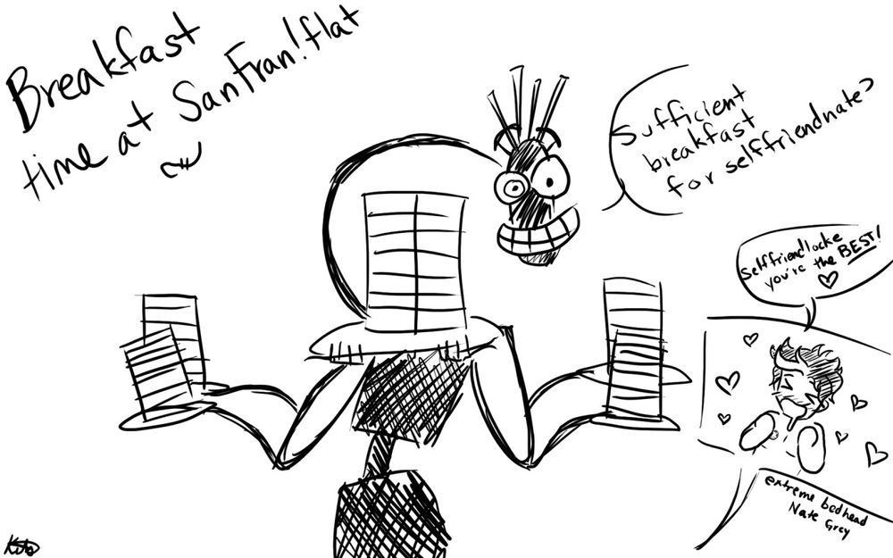 Warlock drawn on a white bg with 5 plates of waffles, a chibi version of Nate Gray in the corner.
Warlock: Sufficent breakfast for selfriendnate?
Nate: Selfriendlocke you're the BEST! <3