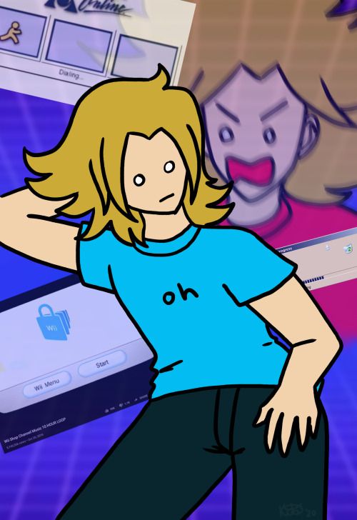 A meme I made for myself in March of 2020 of executive dysfunction wherein I am sitting in the middle of the image in a blue shirt that says "oh" and behind me are images of AOL dial-up, a Windows 98 era loading bar, and the Wii Shop app selection. In the upper right is another image of me in a pink shirt that is screaming at me to do literally anything.