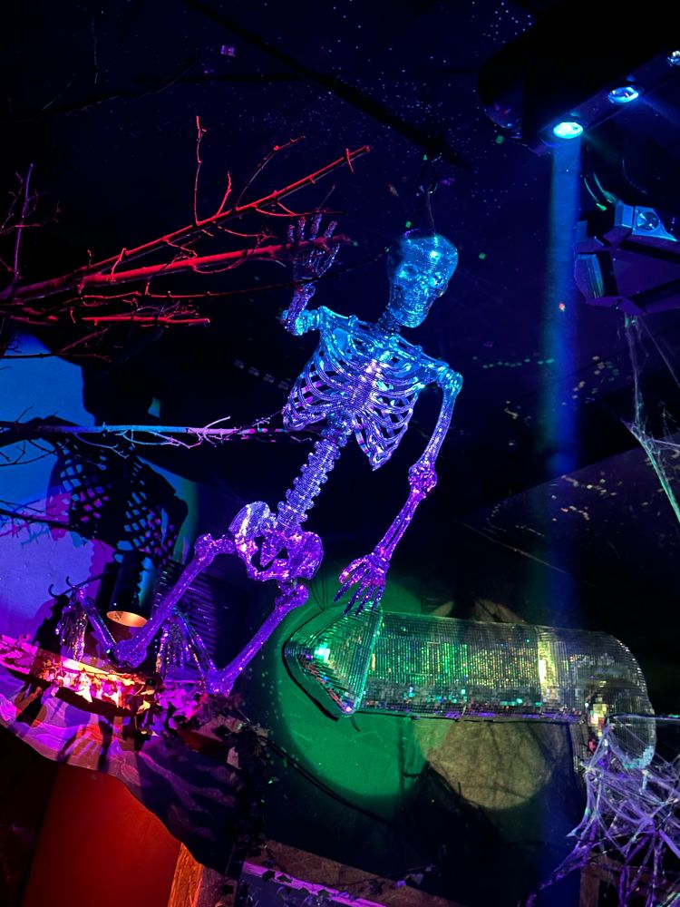 Disco Skeleton: Skeleton covered in disco tiles suspended from a club ceiling
