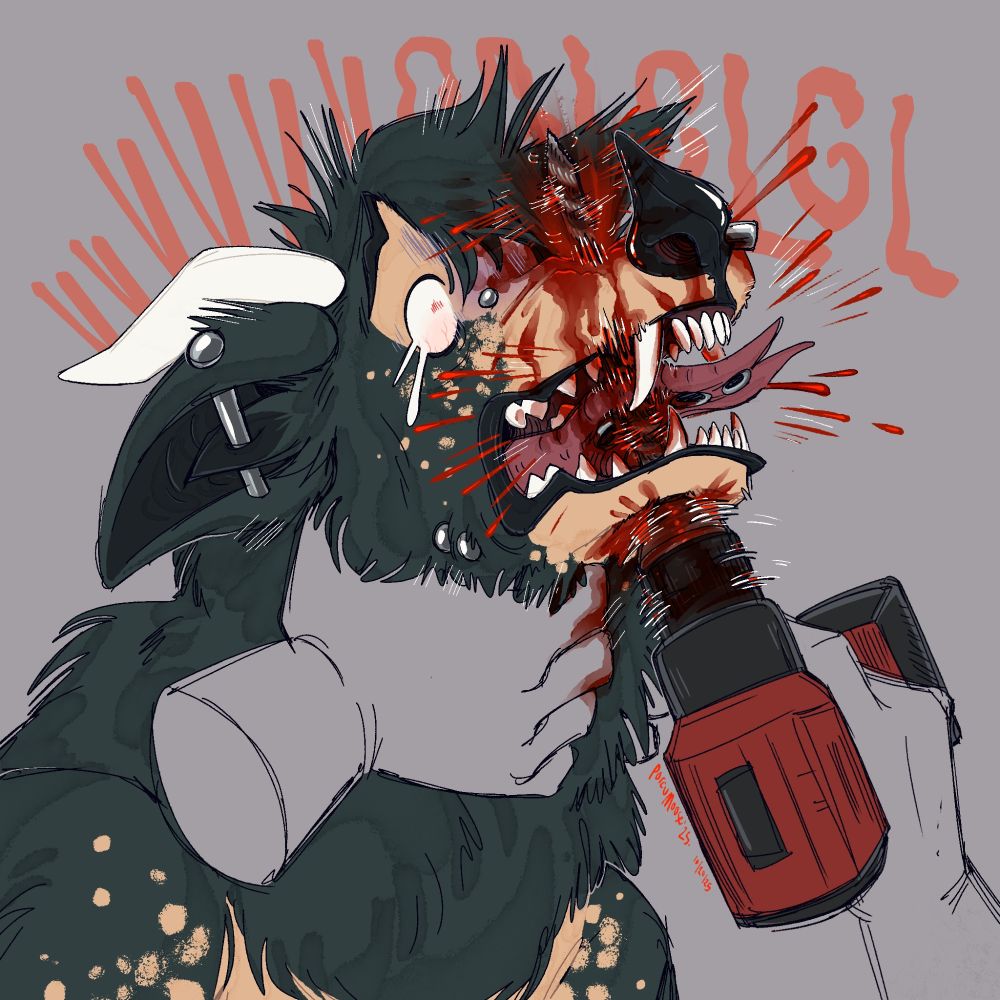 doodle commission of a bat getting a .... new piercing. his head is held still as a powerdrill is forces through his entire muzzle from the underside, the drill spraying blood outward as the bat's expression is of pain and shock. 

onomatopoeia: "VVVVGGLGLGL"

TAGS: #gore #goreart #furryart #goretober