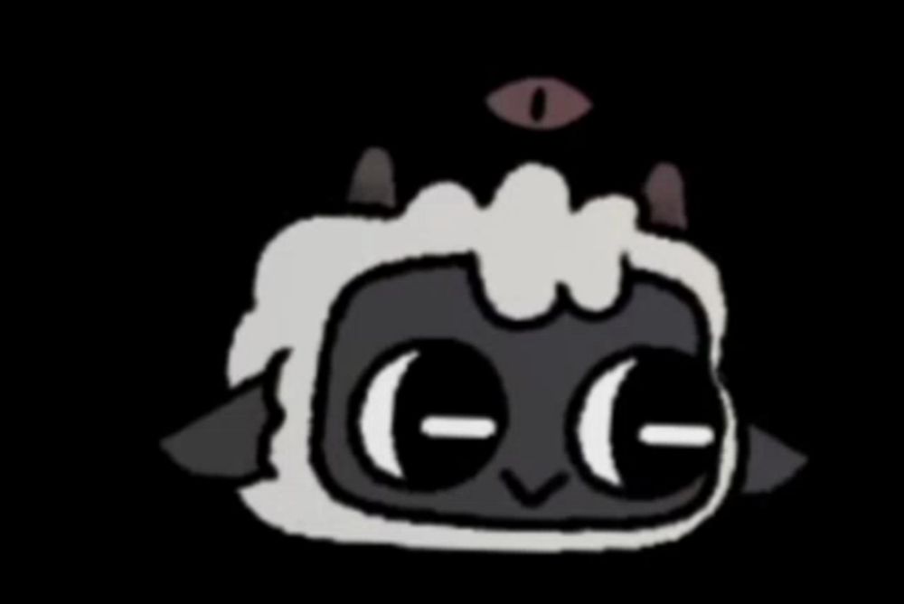 a cartoon drawing of a sheep with horns and a sad face .