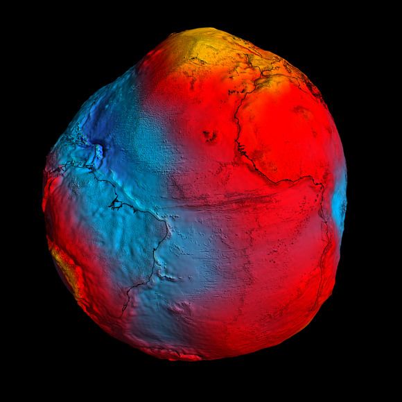 Earth's gravitationally-equivalent shape, the geoid, measured by the Gravity and Ocean Circulation Explorer GOCE.