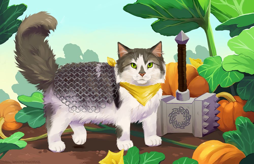 A gray and white fluffy kitty looks at you from a pumpkin patch, with a maul beside him and wearing some chainmail armor