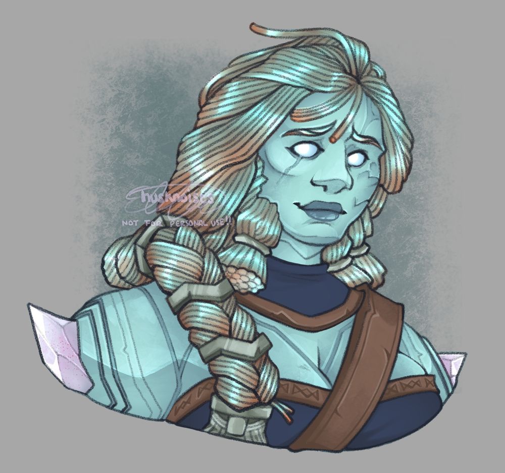 A bust-up portrait of an Earthen at a three-fourths angle, smiling at the viewer. Her skin is a teal diamond tint, and her long, wiry hair is a copper with a similar teal sheen, bunched in a long braid falling over her shoulder. Two pale, purple crystals protrude from her shoulders.