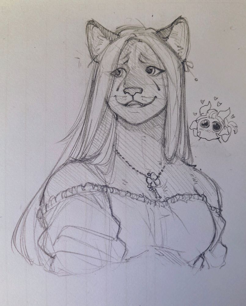 a pencil bust sketch of a long-haired femme hrothgar in an off-the-shoulder blouse, smiling and looking away from the viewer. a goofy little chibi doodle of her partner looking on adoringly is in the background.