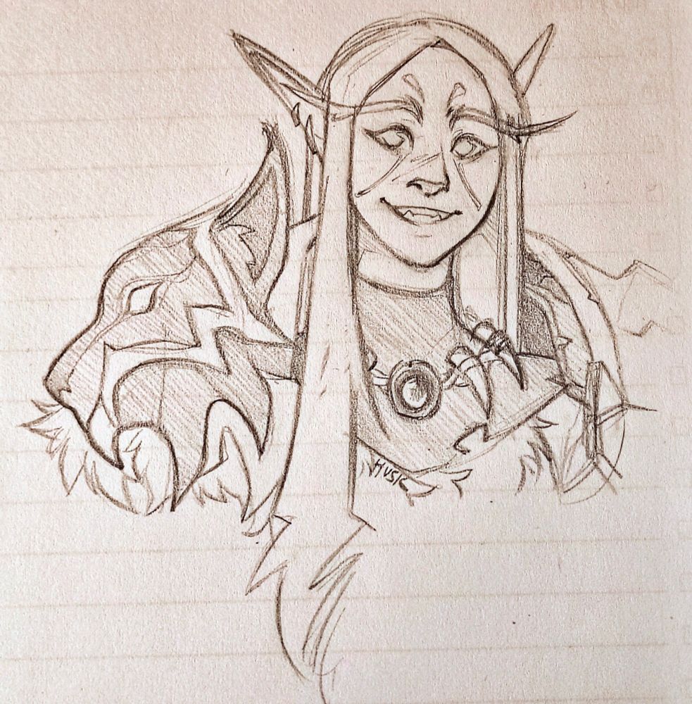 a pencil bust sketch of a night elf from world of warcraft. she smiles at the viewer, a length of long, straight hair falling over her right shoulder, which is adorned by a pauldron in the shape of a lynx head.