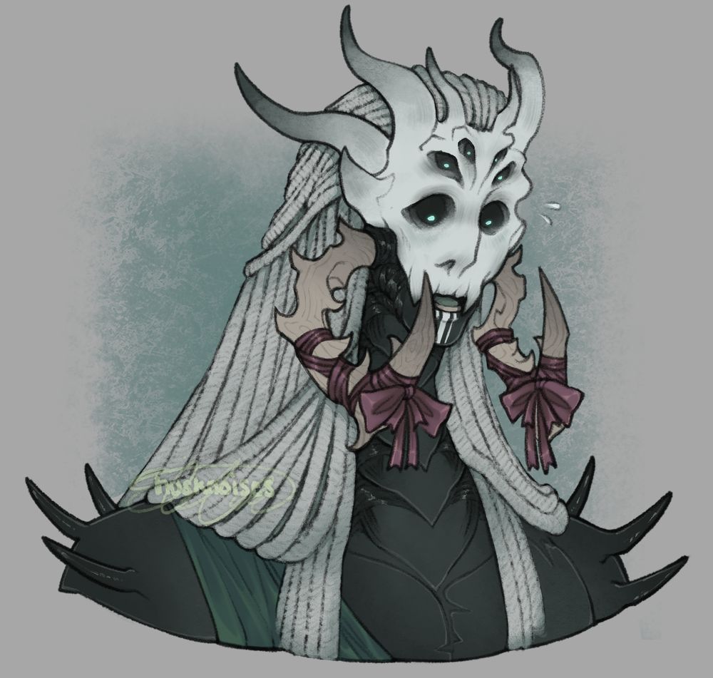 a bust portrait of a fleshwarp. his face is a skeletal, mask-like visage with six hollow eyes, all of which look down at the spiked mandibles that protrude from the corners of his mouth--they are each decorated with a desaturated purple bow. his dark form is shrouded by the long, grey tresses of locs crowning his head.