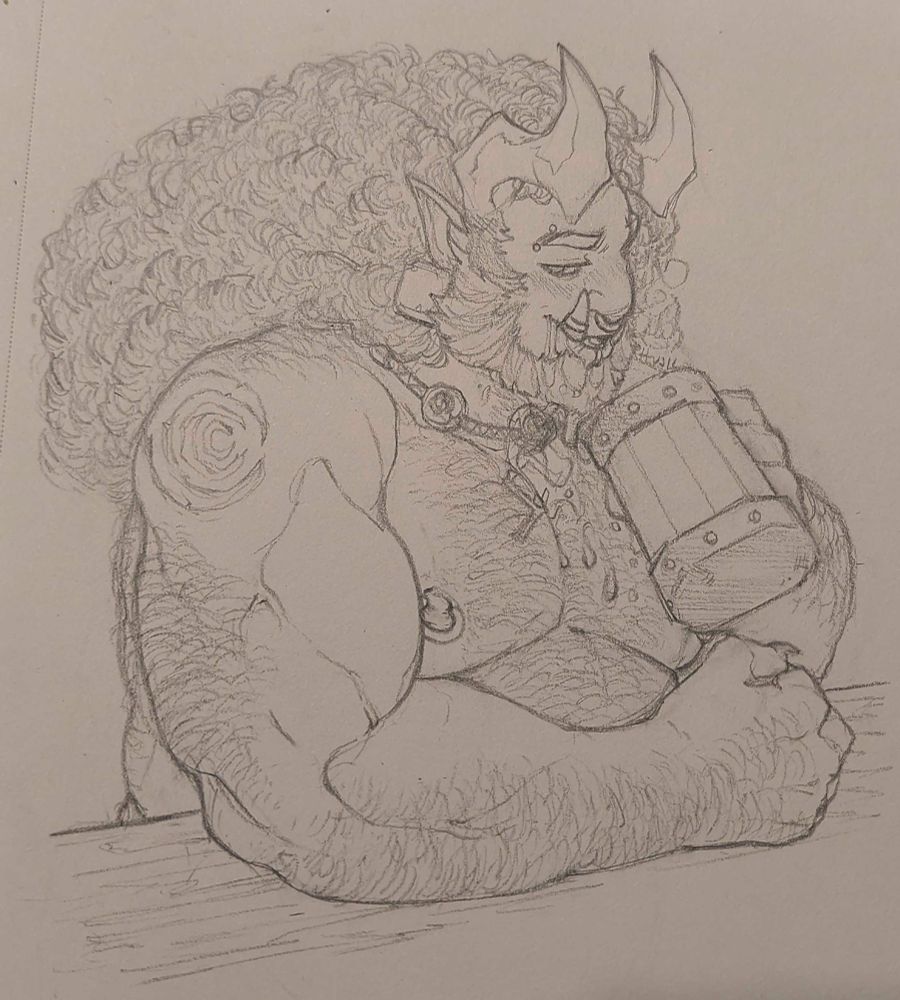 a pencil sketch of an Oshu'nei (half Draenei, half Orc) character, seated at a bartop. one large arm rests on the counter while the other supports a tankard of ale, dripping with brew as the character portrayed pulls back from a messy swig. the character gives a sly smile to the viewer.