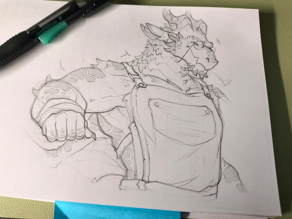 a photo of a sketch portraying a dracthyr doing a rolling arm stretch. he sports a crafting apron and a pair of plain spectacles. 