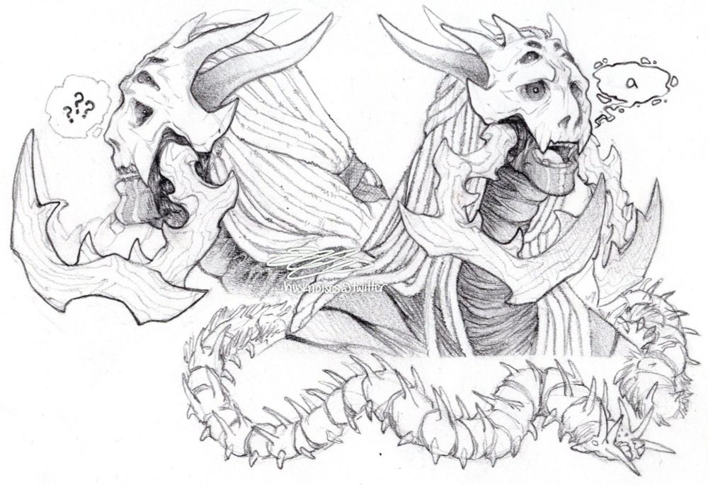 Two pencil portraits of Lea, a  tusked, skeletal-appearing fleshwarp character. The left sketch is from a side view, and the right sketch is a 3/4 portrait. A sketch of a polychaete lines the bottom of the page. 
