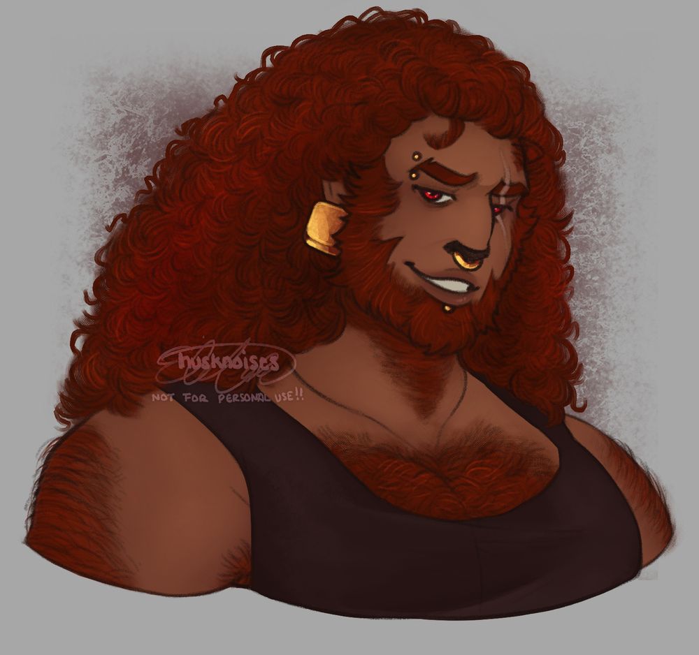 A bust-up portrait of a Roegadyn man wearing a suave expression. His head is crowned with a fluffy tangle of natural red hair, some of which also grows on his chest, shoulders and neck. He sports a fluffy, semi-short beard. He is decorated with several gold piercings: a large, square earring, an eyebrow gauge, a nose ring and a labret piercing.