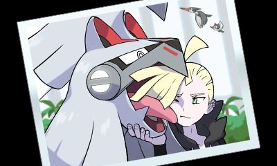 A picture from the credits scene of Pokémon Sun and Moon featuring Gladion, a blond youth with long bangs on the right side of his face, and Silvally, a large chimeric Pokémon with a mix of canine and avian features, along with mechanical parts. Silvally's mouth is open wide as it licks Gladion's bangs. Gladion looks up at it with a soft expression.