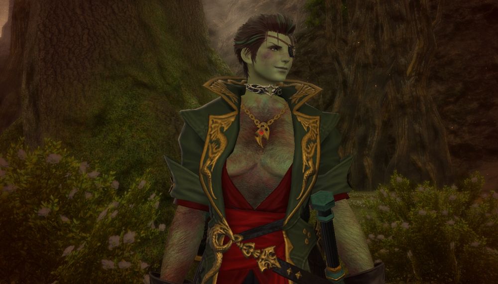 A roegadyn man standing in the woods, looking to the right. He is wearing a long green jacket with a very very low cut red shirt, showing off his hairy and bruised chest.