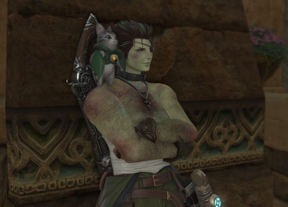 A Roegadyn man leans against a wall, his arms crossed in front of his chest. He is shirtless, aside from a bandage wrap around his abdomen. A gaelikitten stands on his shoulder. 