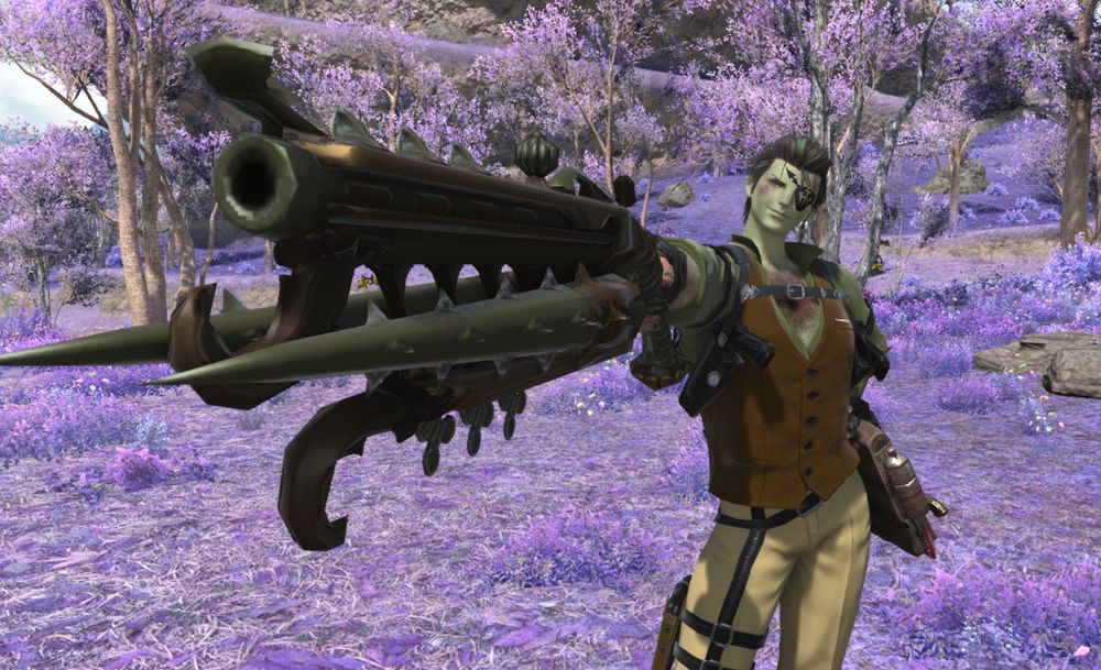 The same roegadyn man, now with his gun aimed to the side of the camera. He's smirking towards his target.