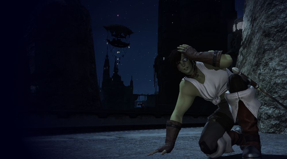The same roegadyn, now by the shore at night, kneeling on the ground. He has one hand to his head as he stares out to see, distressed. 