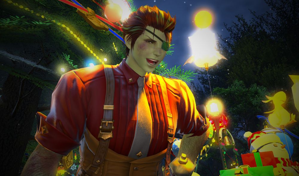 A tall roegadyn man is leaning down with a hand on his hip, laughing. He has brown hair with green streaks, and green skin covered in bruises. He is wearing a green eyepatch and red button up shirt with a brown tie and suspenders. Behind him are gifts and a decorated pine tree.