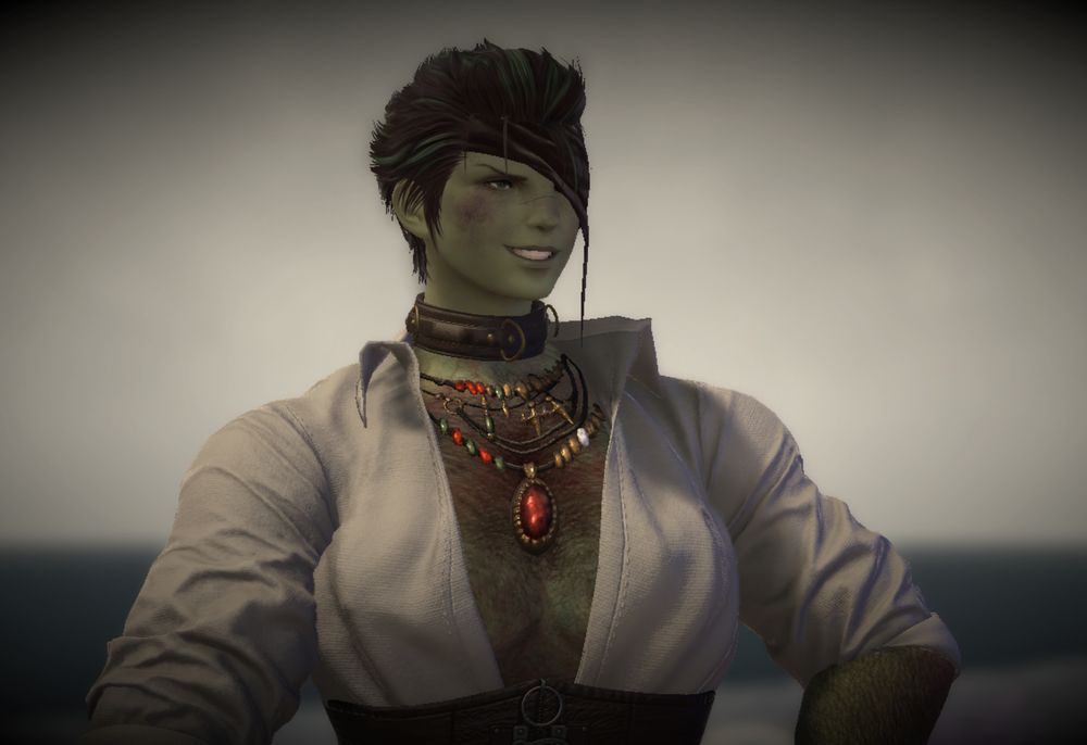 The same roegadyn, looking slightly left and smiling. He is wearing an open white shirt and sevrel colourful necklaces, as well as a leather collar. 