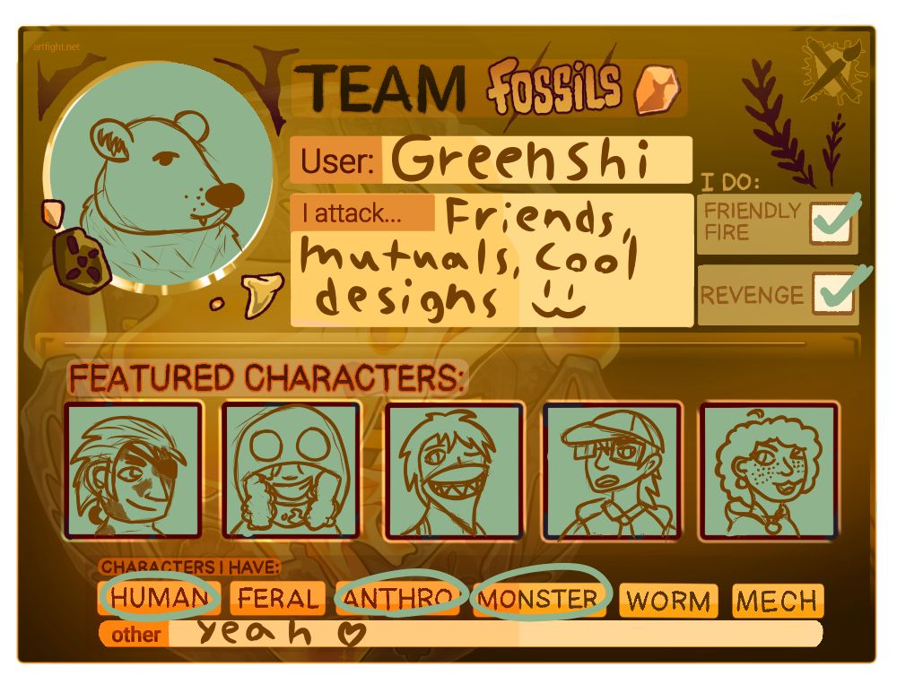 An Artfight promo for Team Fossils for the user Greenshi. It features a bear character, a roegadyn character with an eyepatch, a human character with fluffy hair in a hood, a human character wearing a bandana over her mouth, a huamn character with a baseball cap and glasses, and a human character with poofy hair and freckles.