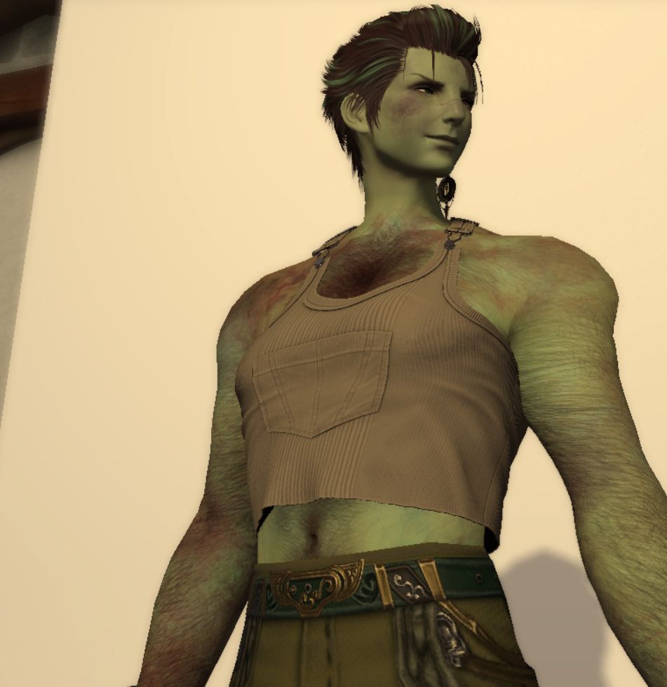 A roegadyn man standing against a white backdrop, looking to the right with a smile. He is wearing a tight brown tanktop that hangs just above his bellybutton, showing off his body hair.