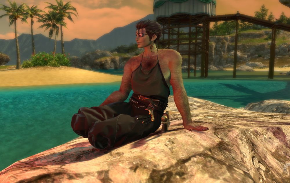 A roegadyn sits on a rock by the low tide. He is wearing a dark green tanktop and baggy black swim pants. It is sunset, and he is looking out towards the horizon.