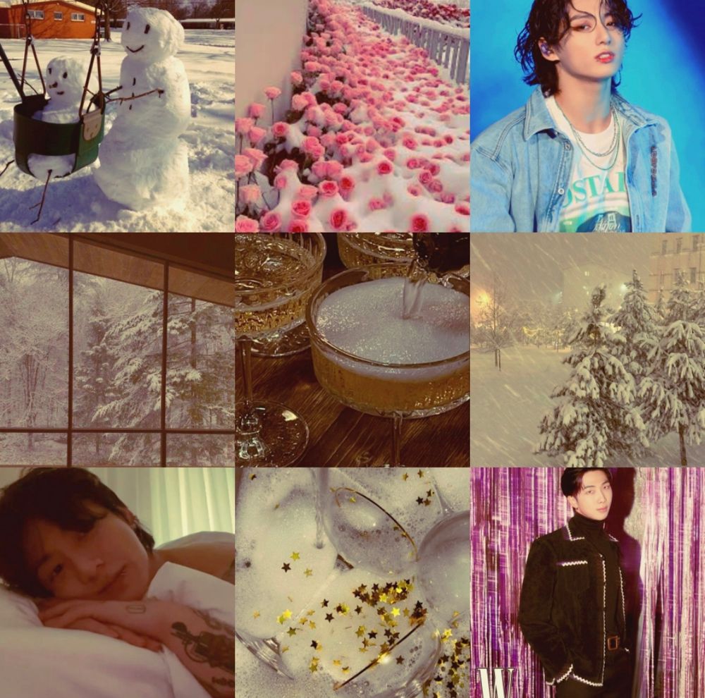 Moodboard for fic with photos of Jungkook and Namjoon dressed fancy, and sparkly alcohol