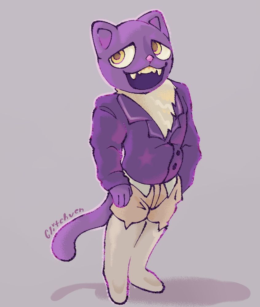 A drawing of Pocketcat from Fear and Hunger standing and looking behind him.