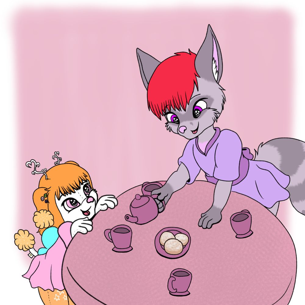Galen wearing a purple dress pours a cup of imaginary tea for the plushy Fay