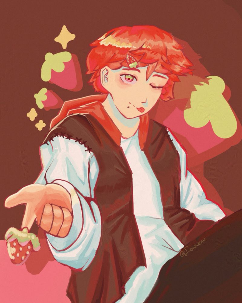 Someone with very red saturated hair in a brown jacket with white sleeves, with a white T-shirt underneath balancing a strawberry on their index finger