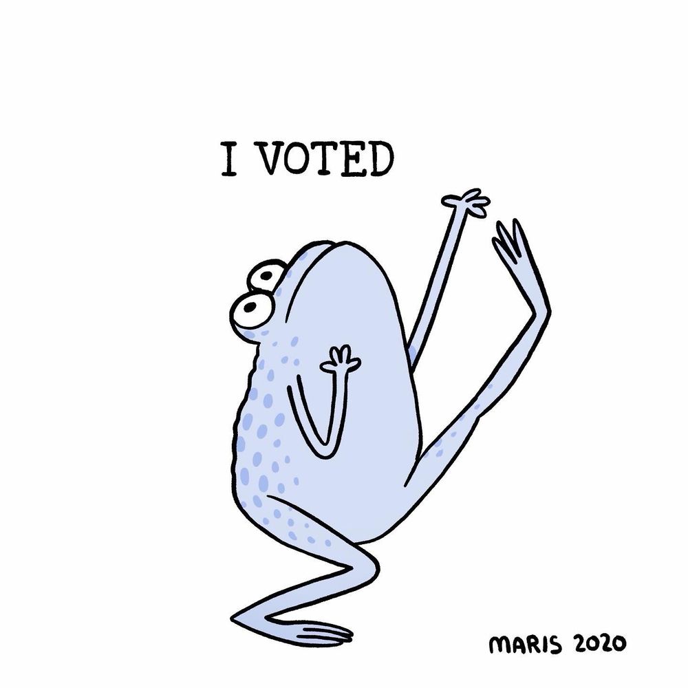 A blue frog doing a high kick dance under the words “I Voted”

Drawing by Maris in 2020