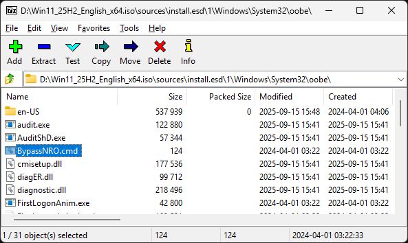 Screenshot of 7-Zip file manager showing the contents inside the install.esd file of the Windows 11 Version 25H2 ISO, inside the oobe folder, there's still a BypassNRO.cmd file in the directory.
