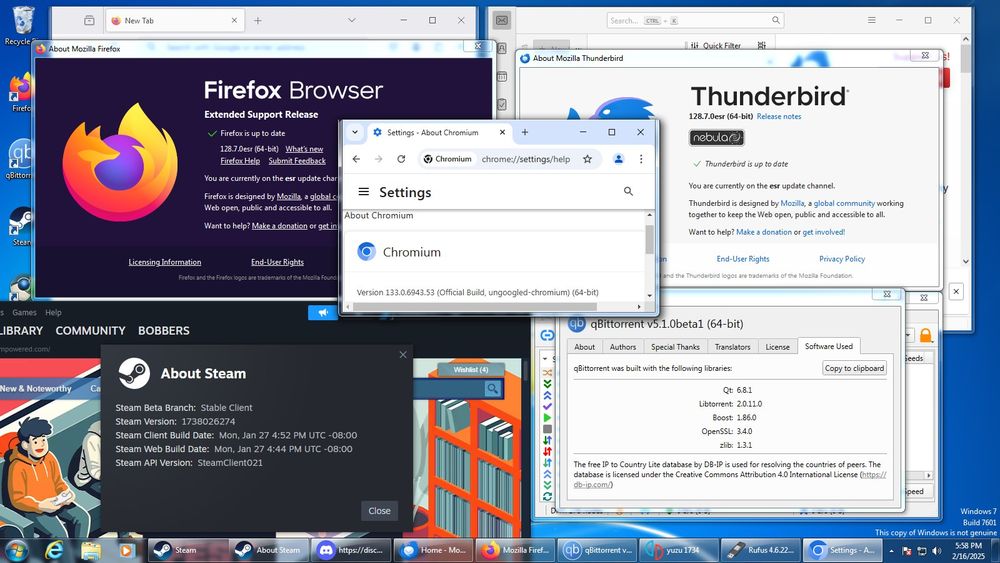 Screenshot of the Windows 7 desktop with VxKex Next installed, showing Firefox 128 ESR, Thunderbird 128 ESR, latest Steam Client and few other newer applications that won't normally run under Windows 7.