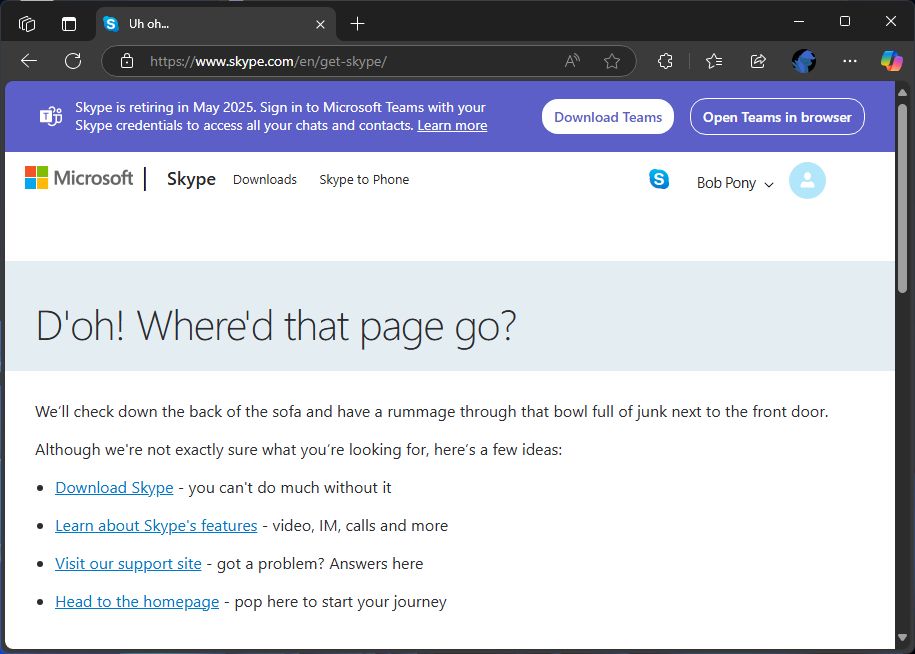 Skype download webpage showing a 404 error page aka not found.