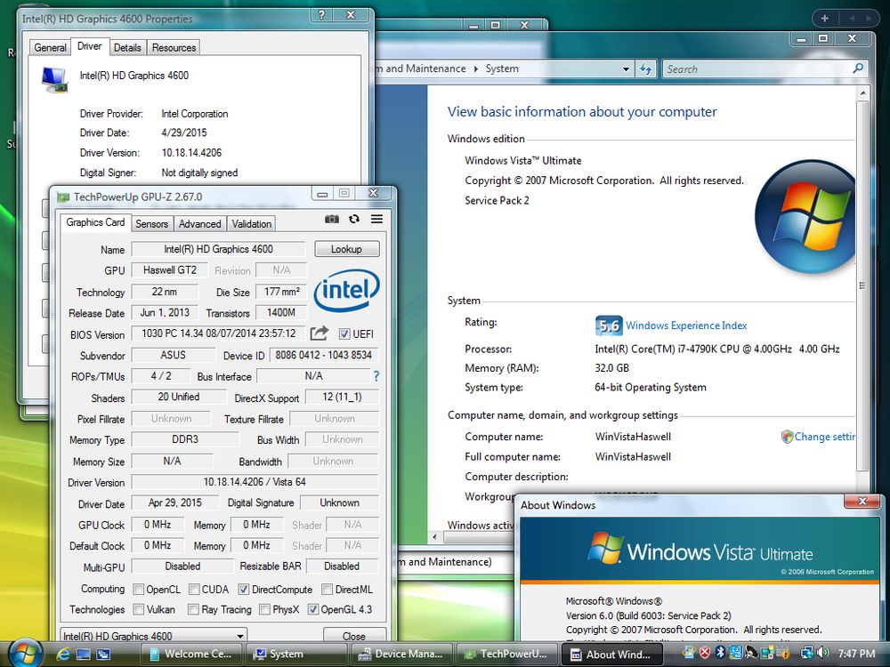 Desktop screenshot of Windows Vista with the backported Intel HD 4600 graphics driver installed, showing the visuals of the enabled Aero Glass feature.